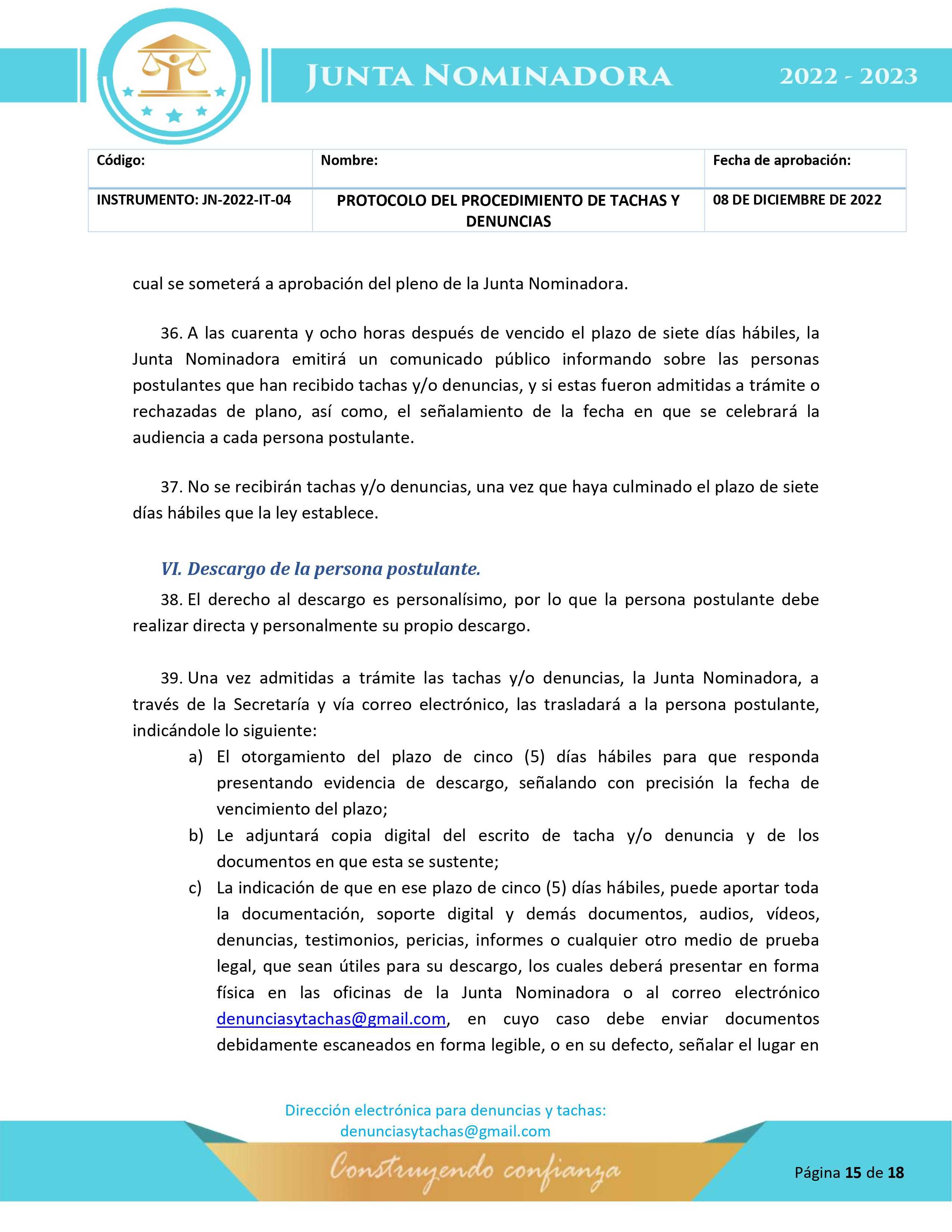 Protocolo para la etapa de tachas y denuncias